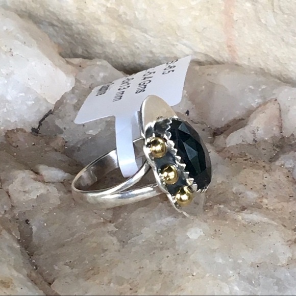 FACETED BLACK SAPPHIRE two tone sterling ring 6.5 - Picture 4 of 7